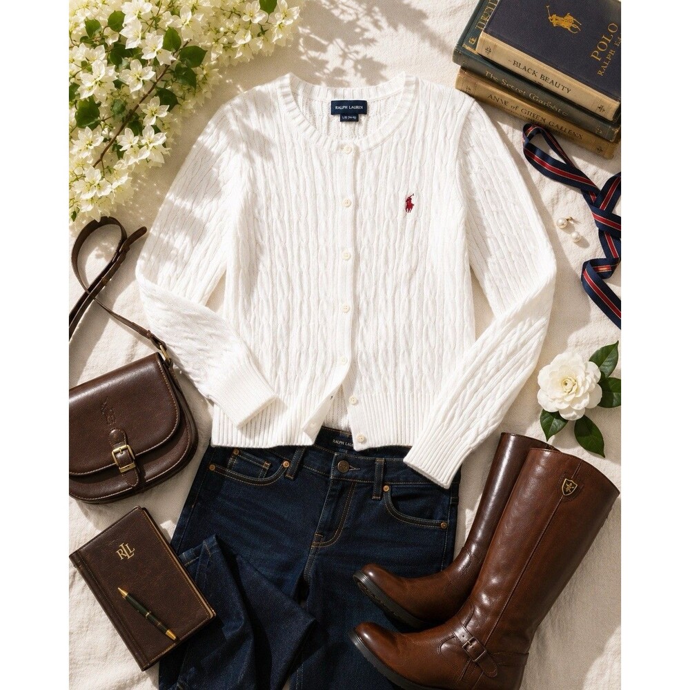 Ralph Lauren Cable Knit Cardigan Girls L 12 14 Cream Cotton Fisherman Sweater